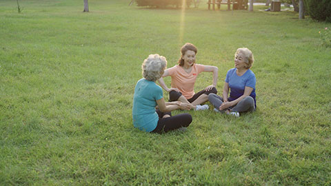 Happy senior Chinese friends relaxing in park,4K