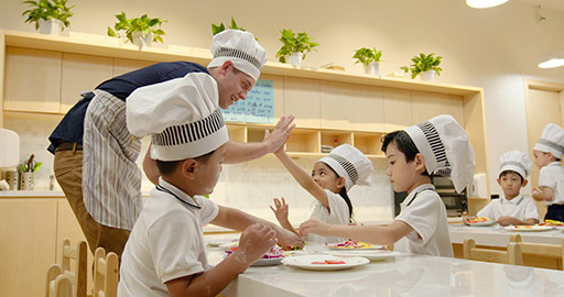 Children learning cooking in kindergarten classroom,4K