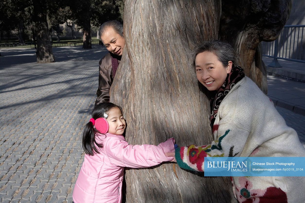 Chinese Grandparents And Their Granddaughter All Smiling While Hugging A Tree