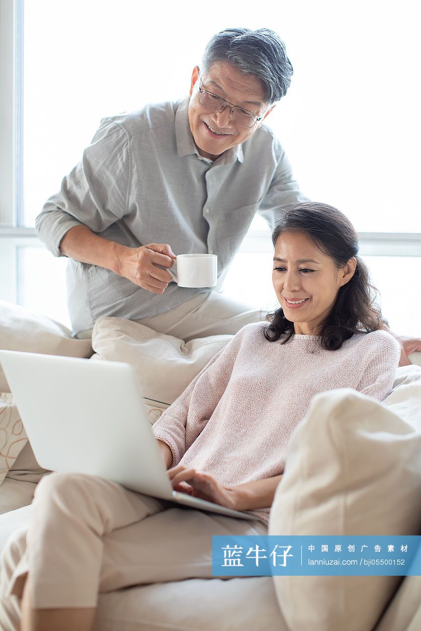 快乐的成熟夫妇在客厅使用笔记本电脑-蓝牛仔影像-中国原创广告影像素材