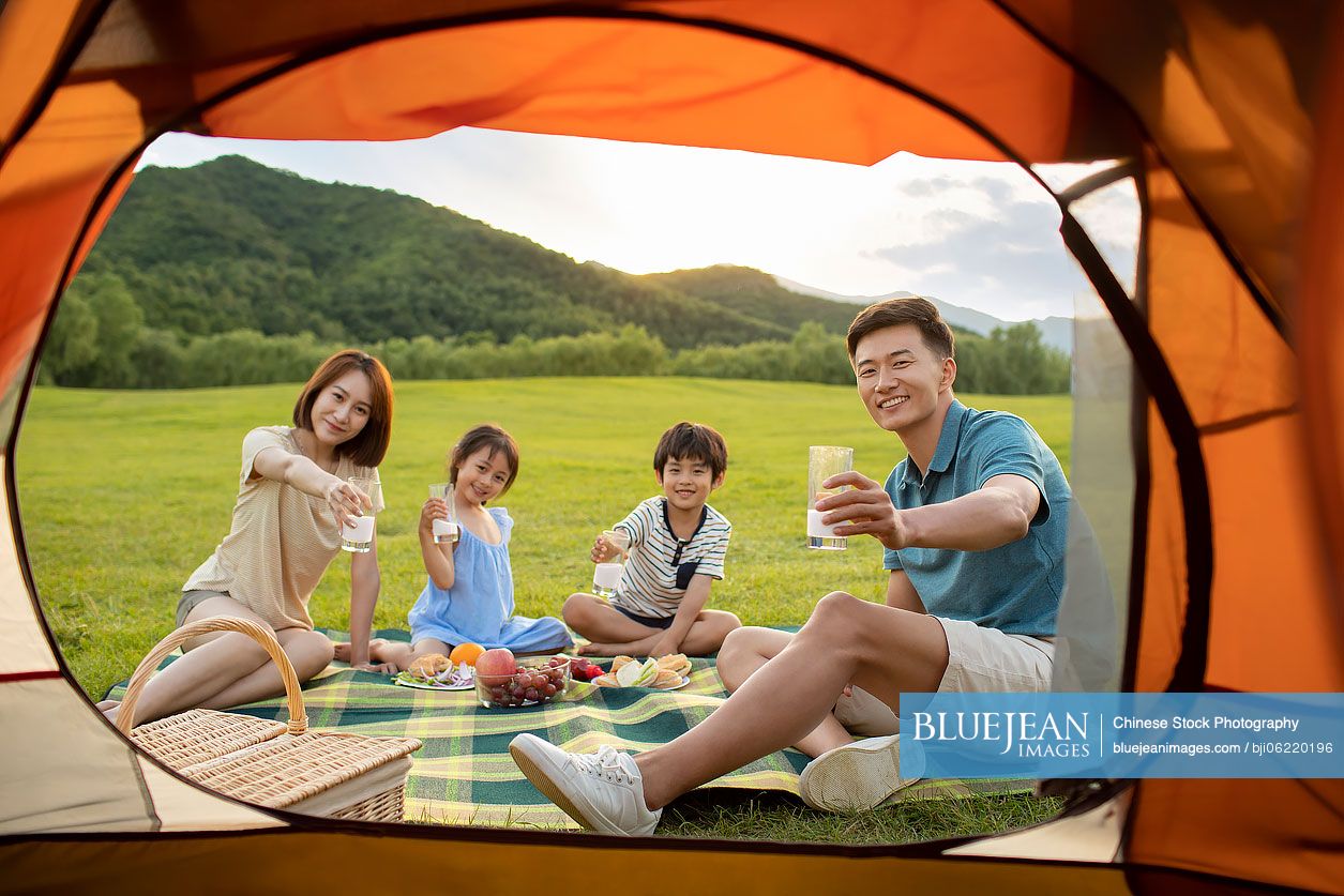 Happy young Chinese family having a picnic outdoors
