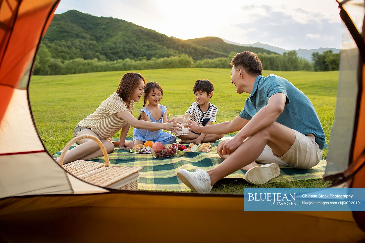 Happy young Chinese family having a picnic outdoors