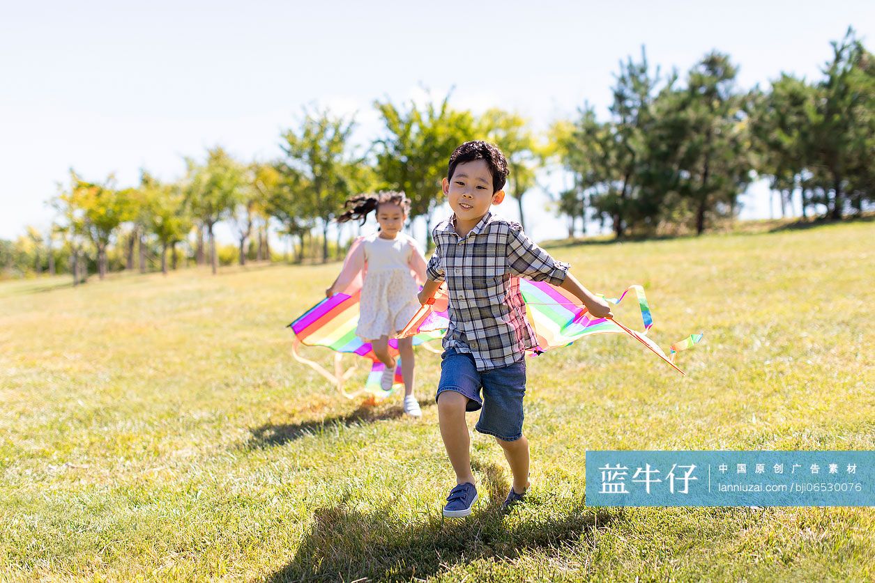 快乐的孩子们在草地上放风筝