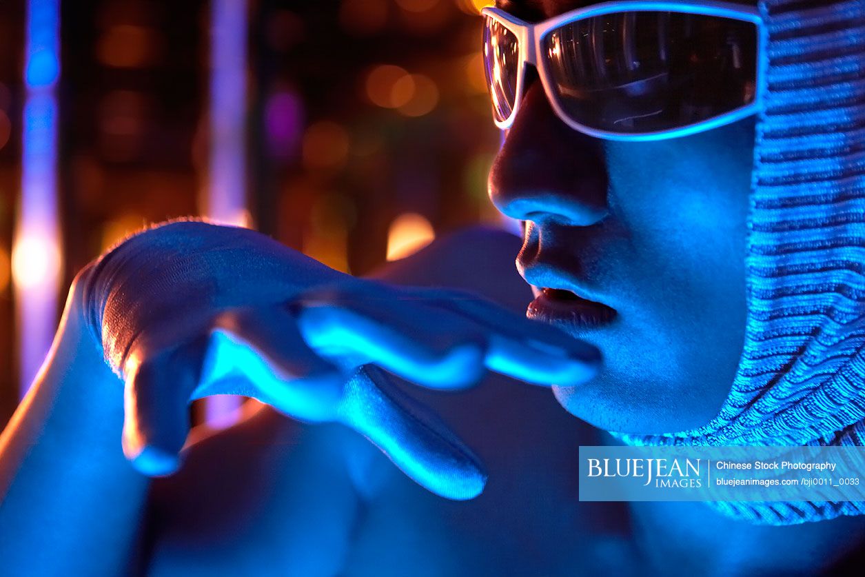 Close-Up Of Futuristic Chinese Man Wearing Sunglasses