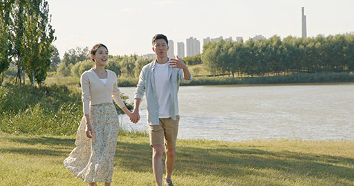 快乐的年轻情侣手牵手在草地上散步