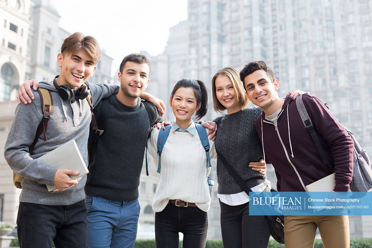 Cheerful abroad students on campus