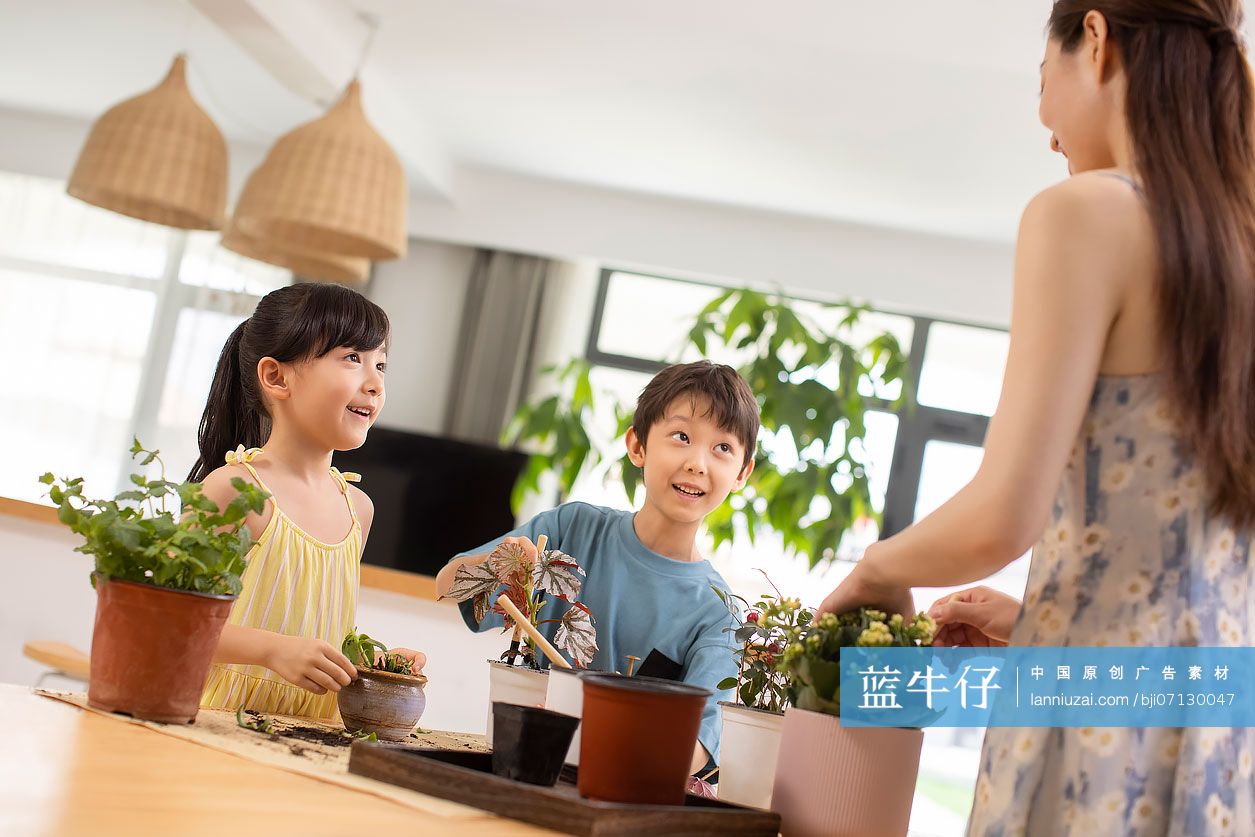 快乐的妈妈和孩子们在家里种植盆栽