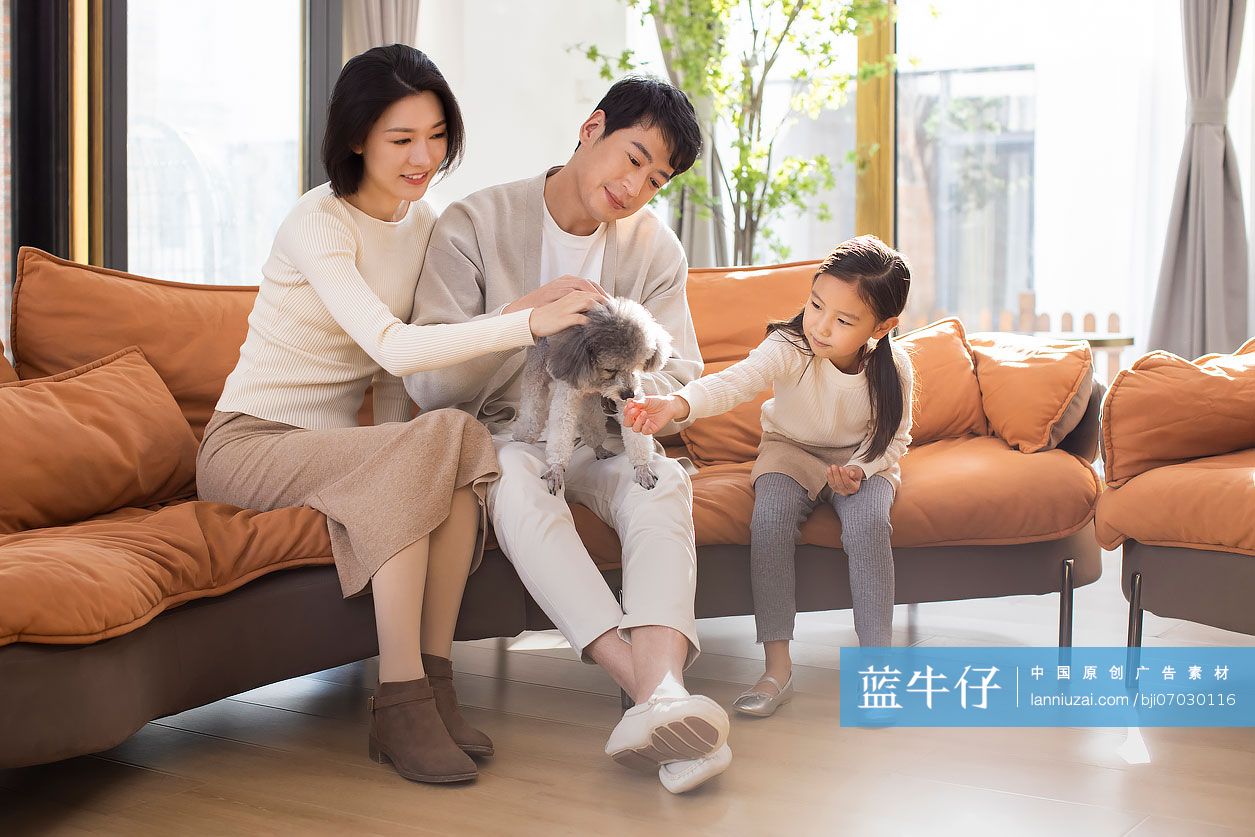 快乐的年轻家庭和宠物狗玩耍