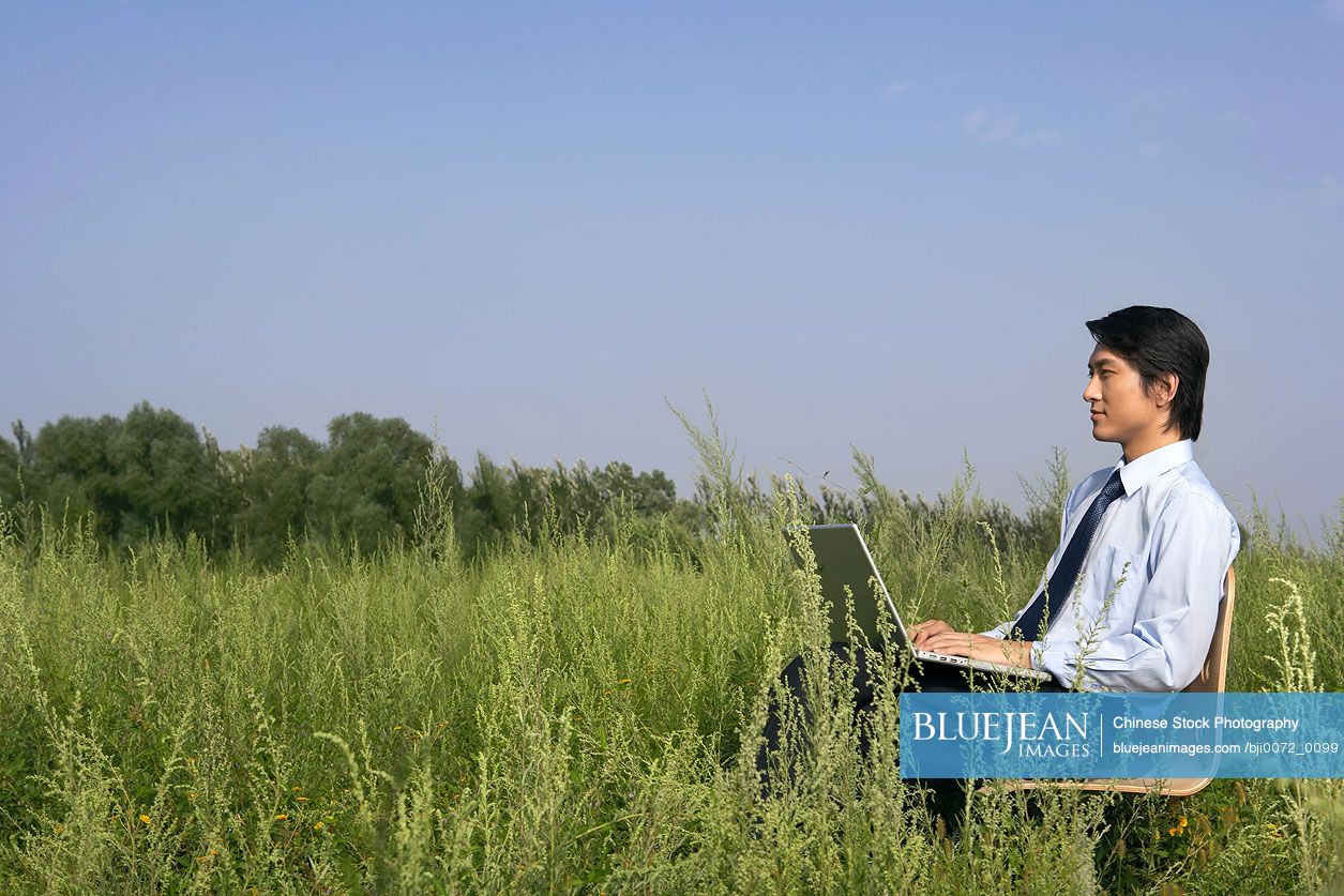 Chinese businessman in field with laptop