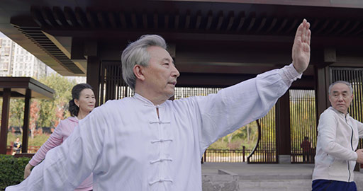 Cheerful senior Chinese adult practicing Tai Chi in the park,4K