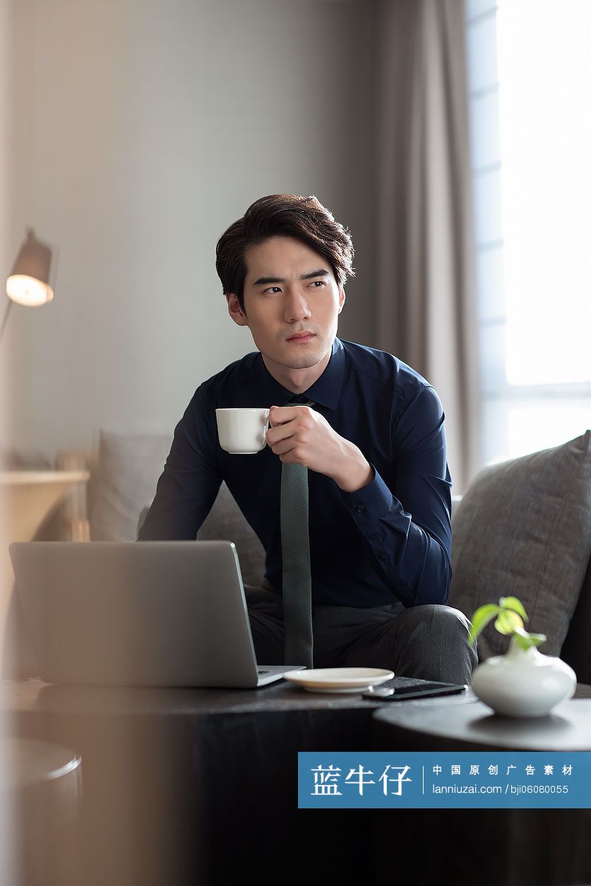 年轻商务男士在酒店使用笔记本电脑-蓝牛仔影像-中国原创广告影像素材