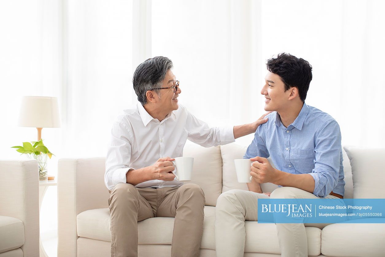 Cheerful father and son sitting on sofa