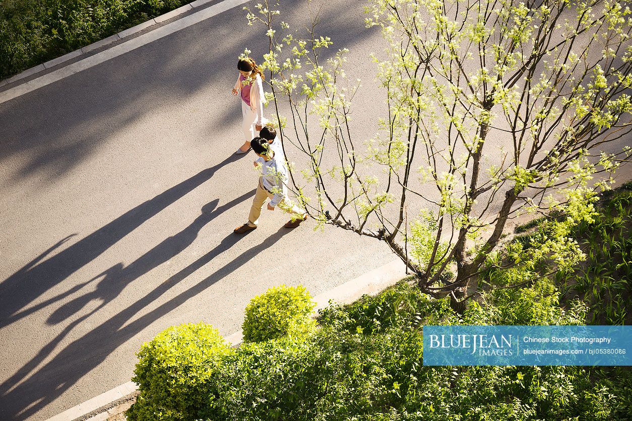 Happy young Chinese family holding hands walking