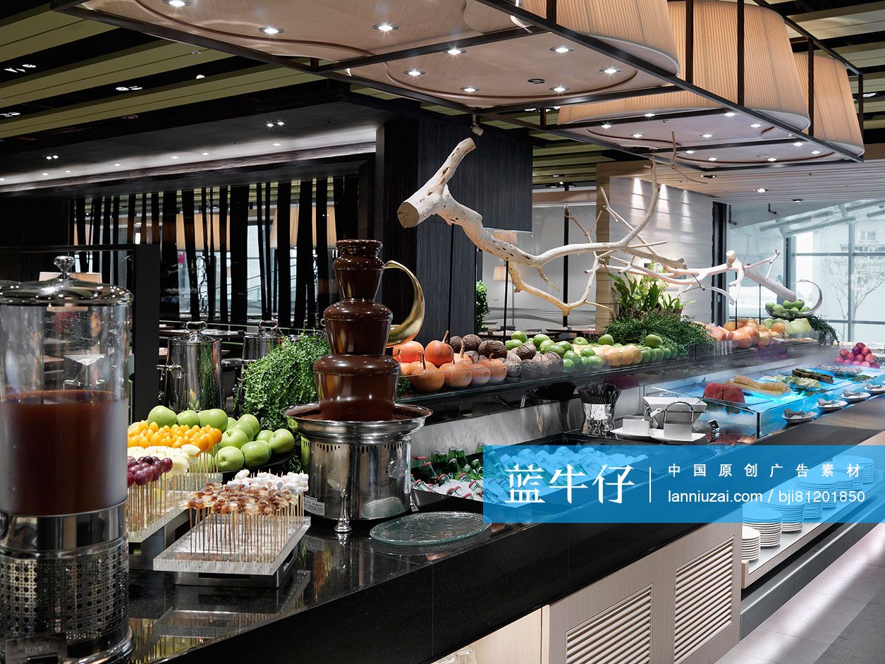 Variety of dishes on buffet counter in modern restaurant