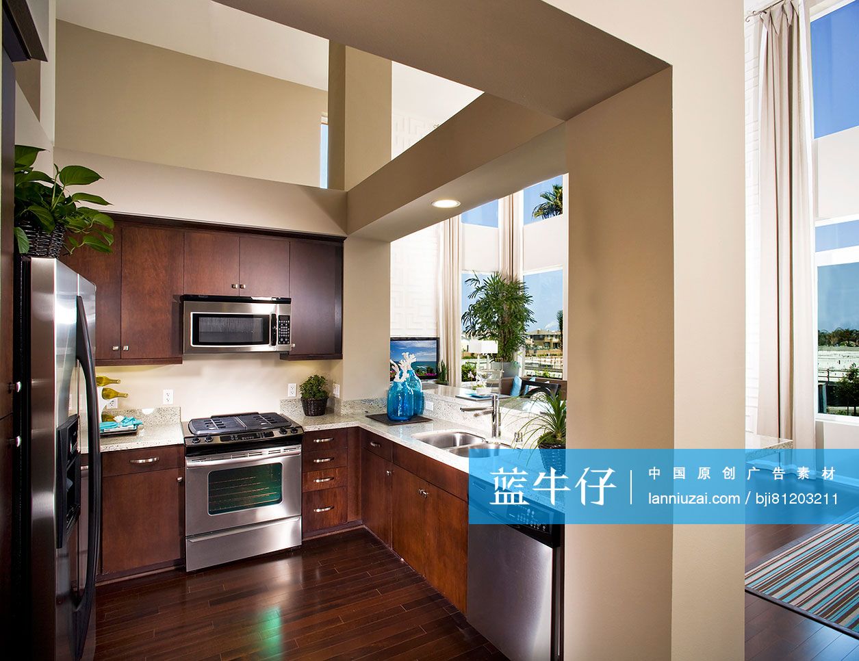 Kitchen with wooden cabinets in modern house