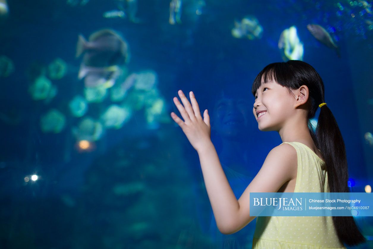 Little Chinese girl in aquarium