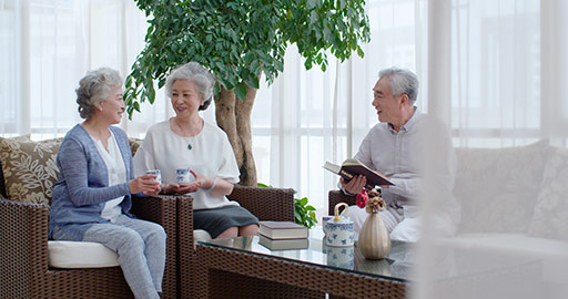 Happy senior Chinese friends talking in living room,4K