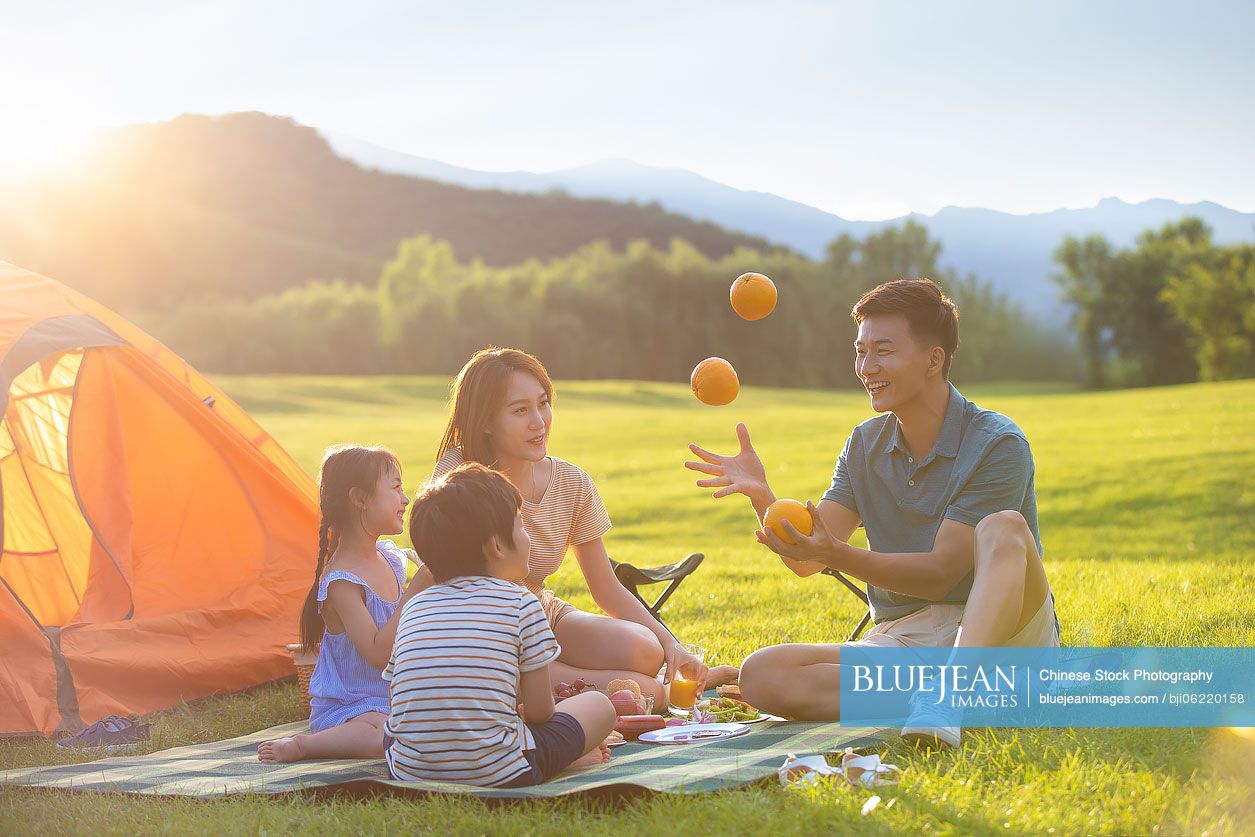 Happy young Chinese family having a picnic outdoors