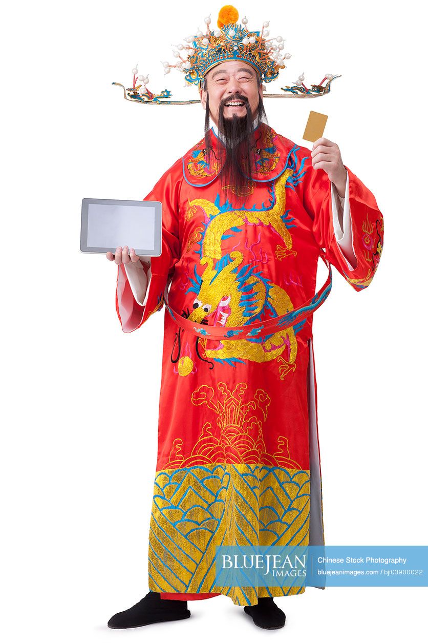 Chinese God of Wealth doing online shopping