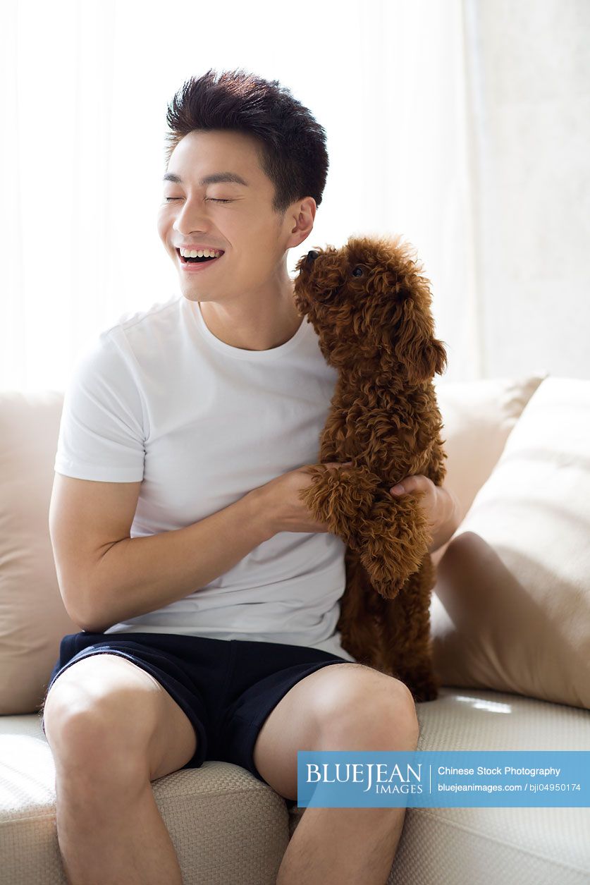 Young Chinese man playing with a pet poodle at home