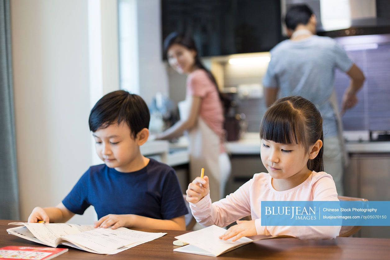 Chinese Students Study Routine Happy Chinese siblings studying together at home-High-res stock photo ...